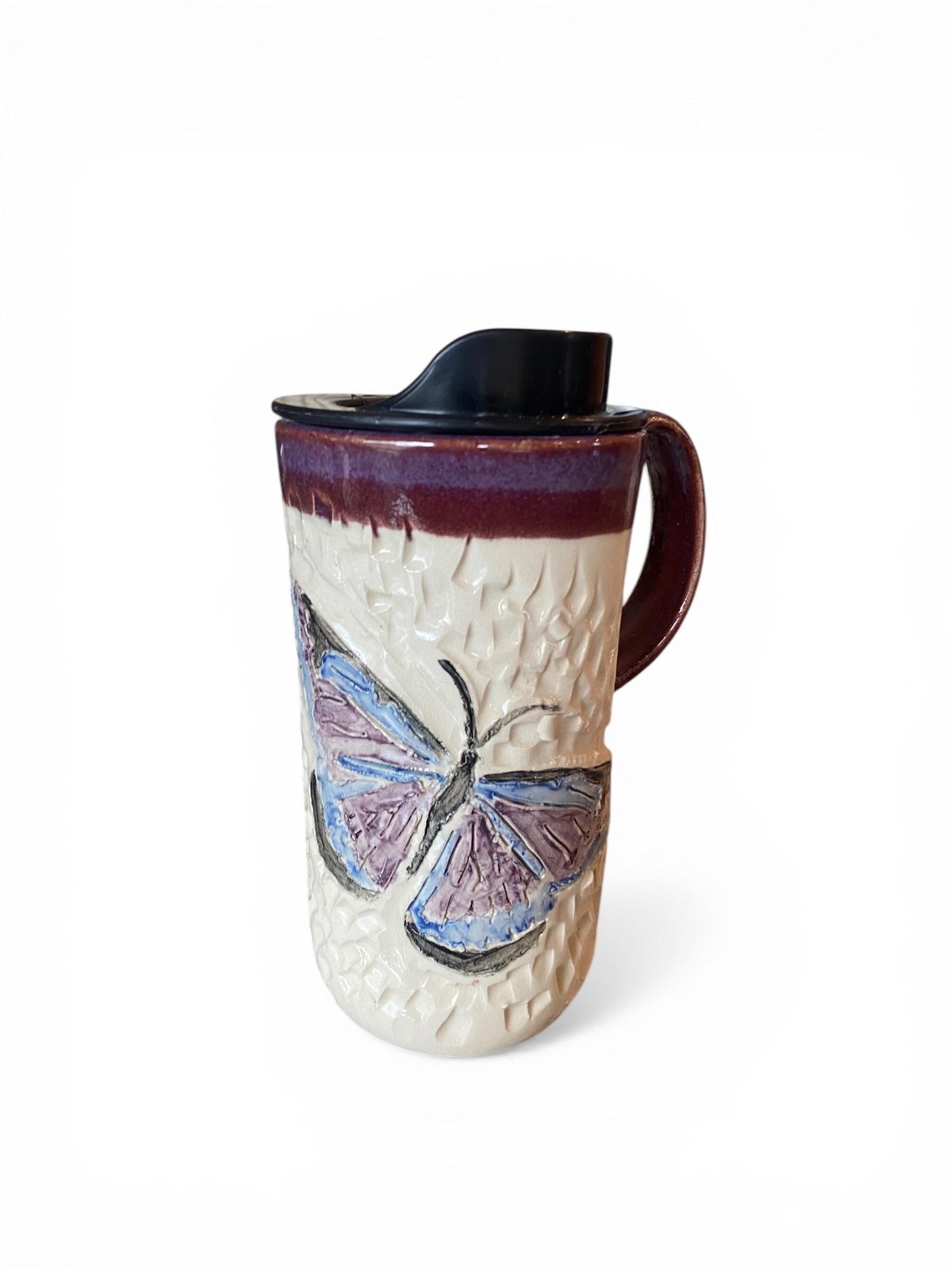 Handmade Travel Mug With Carved Butterfly Design – 16 oz Stoneware Ceramic with BPA-Free Locking Lid | Artisan Coffee & Tea Cup