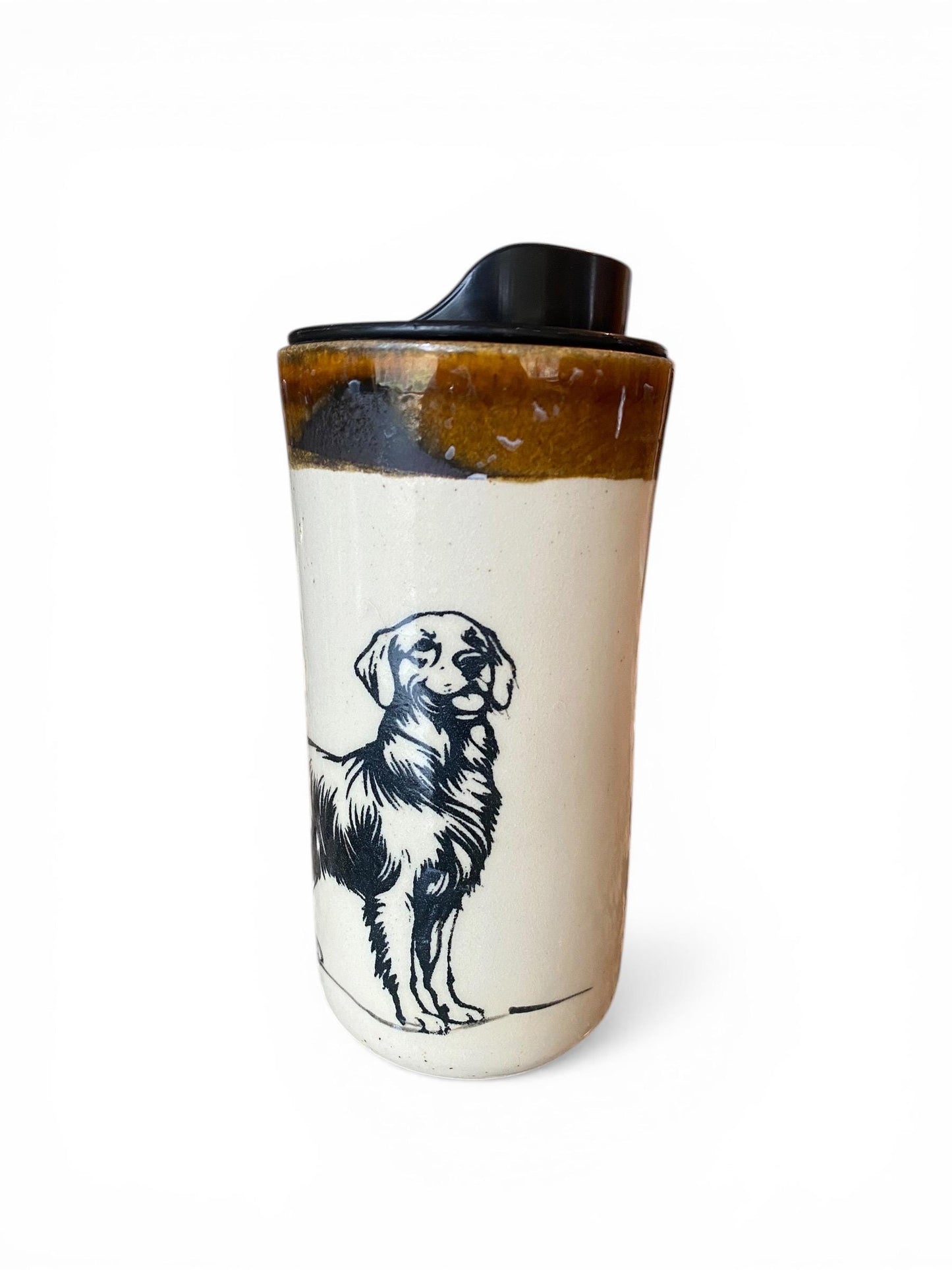 Golden Retriever, Dog Themed Ceramic Travel Mug – 16 oz Handmade Stoneware Tumbler with Attached Lid  | Eco-Friendly Pottery Cup
