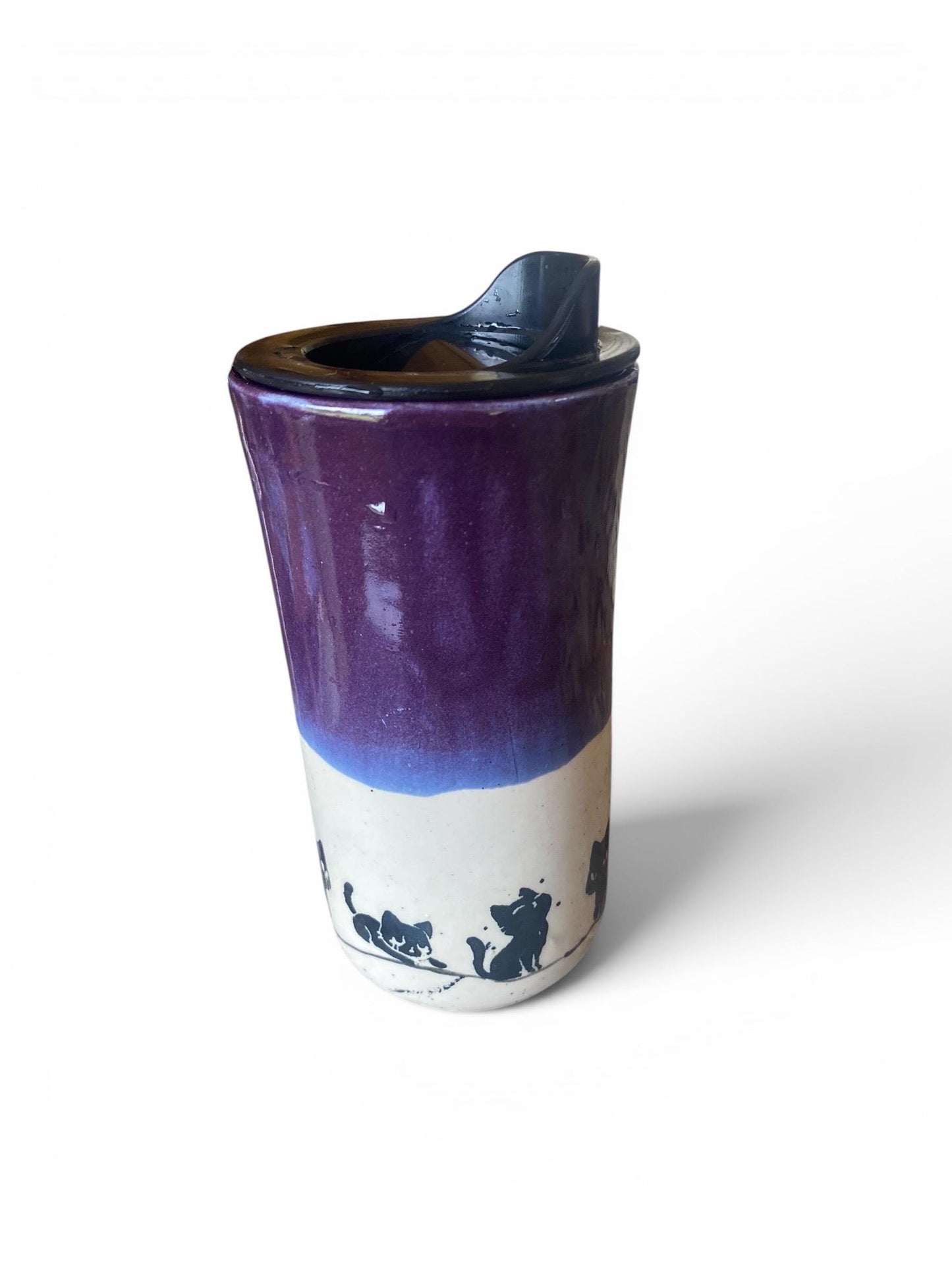 Handmade Travel Mug With Playful Black Cats: Silk Screened Porcelain Coffee Cup
