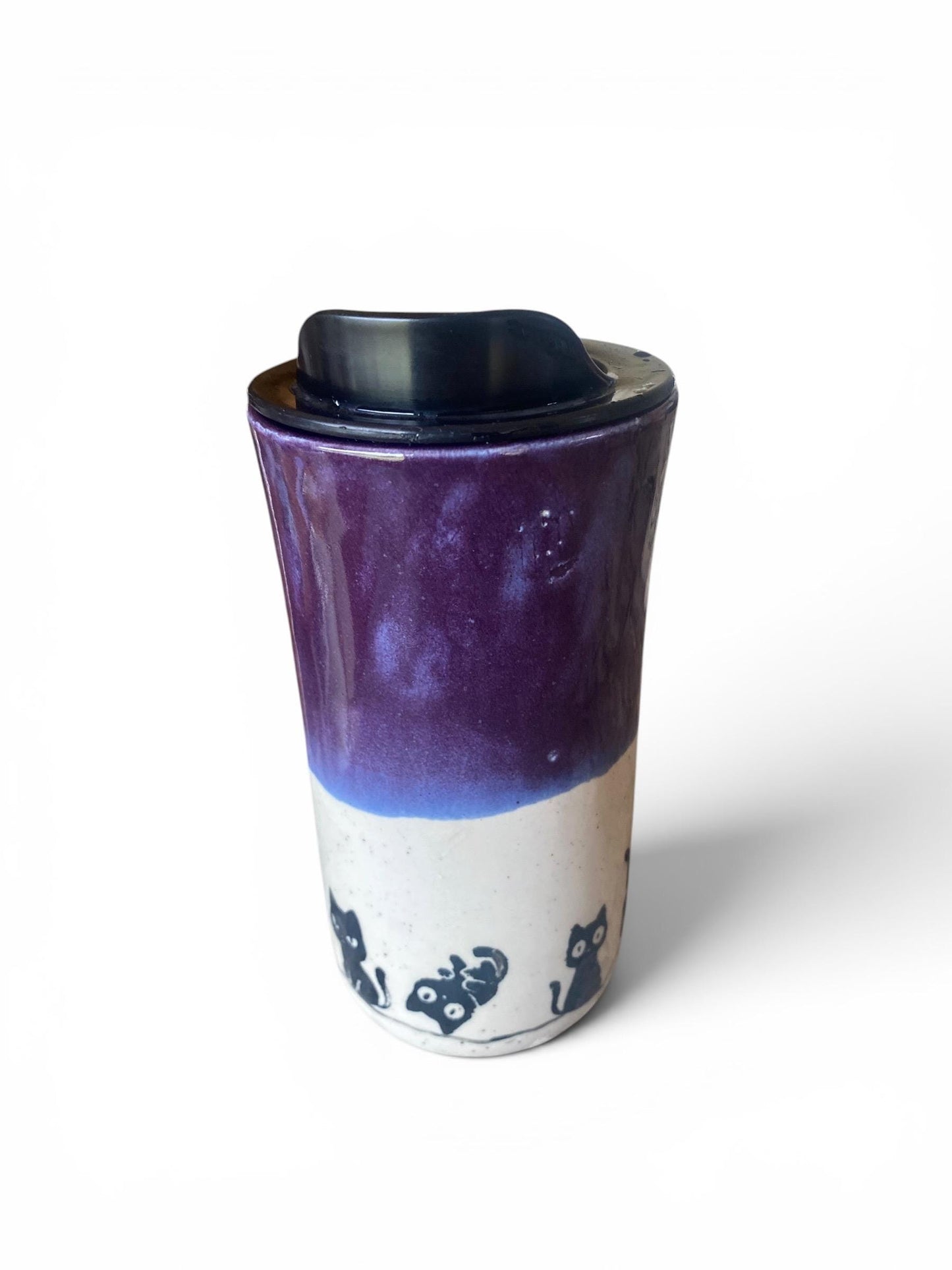 Handmade Travel Mug With Playful Black Cats: Silk Screened Porcelain Coffee Cup