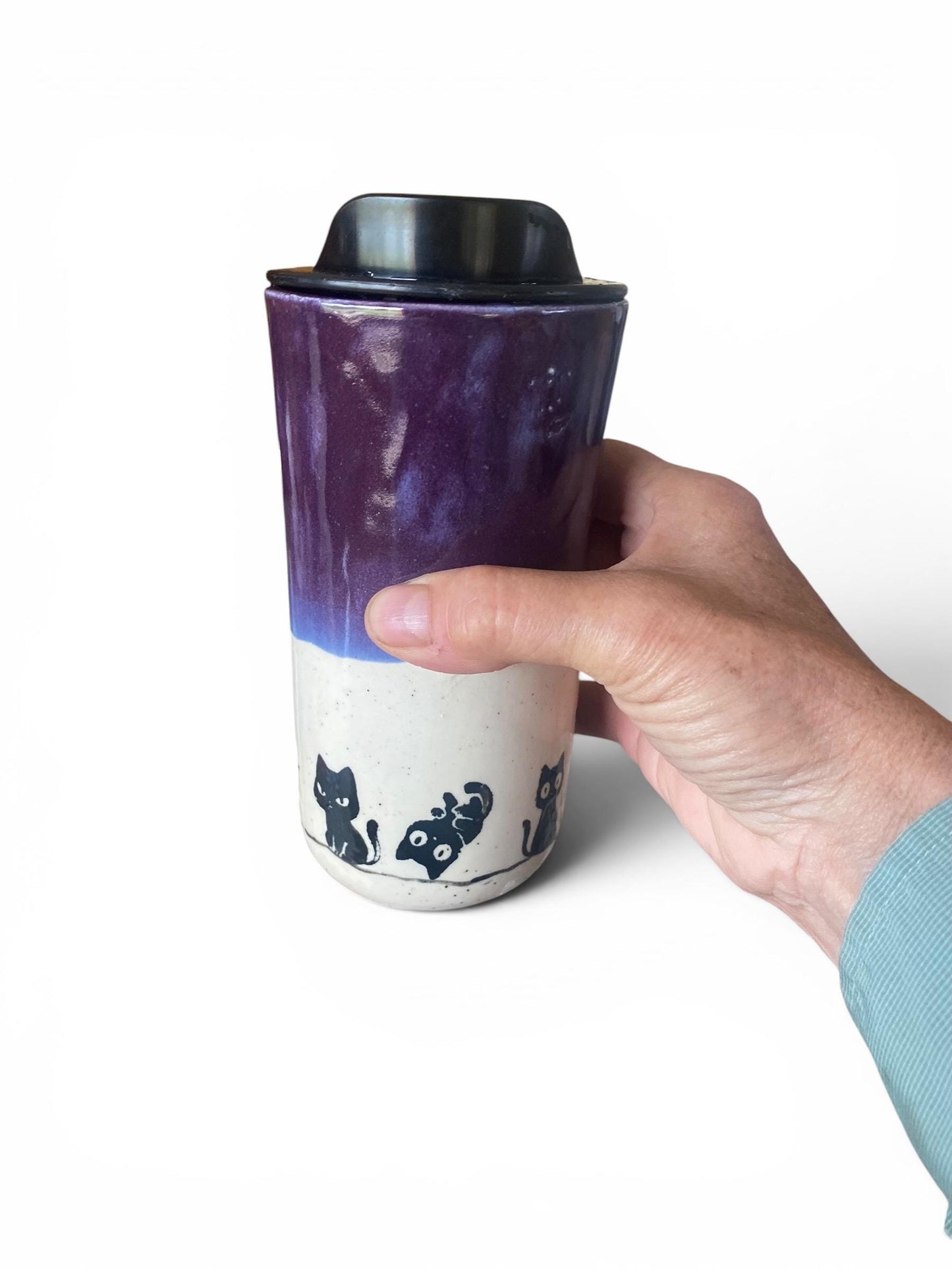 Handmade Travel Mug With Playful Black Cats: Silk Screened Porcelain Coffee Cup