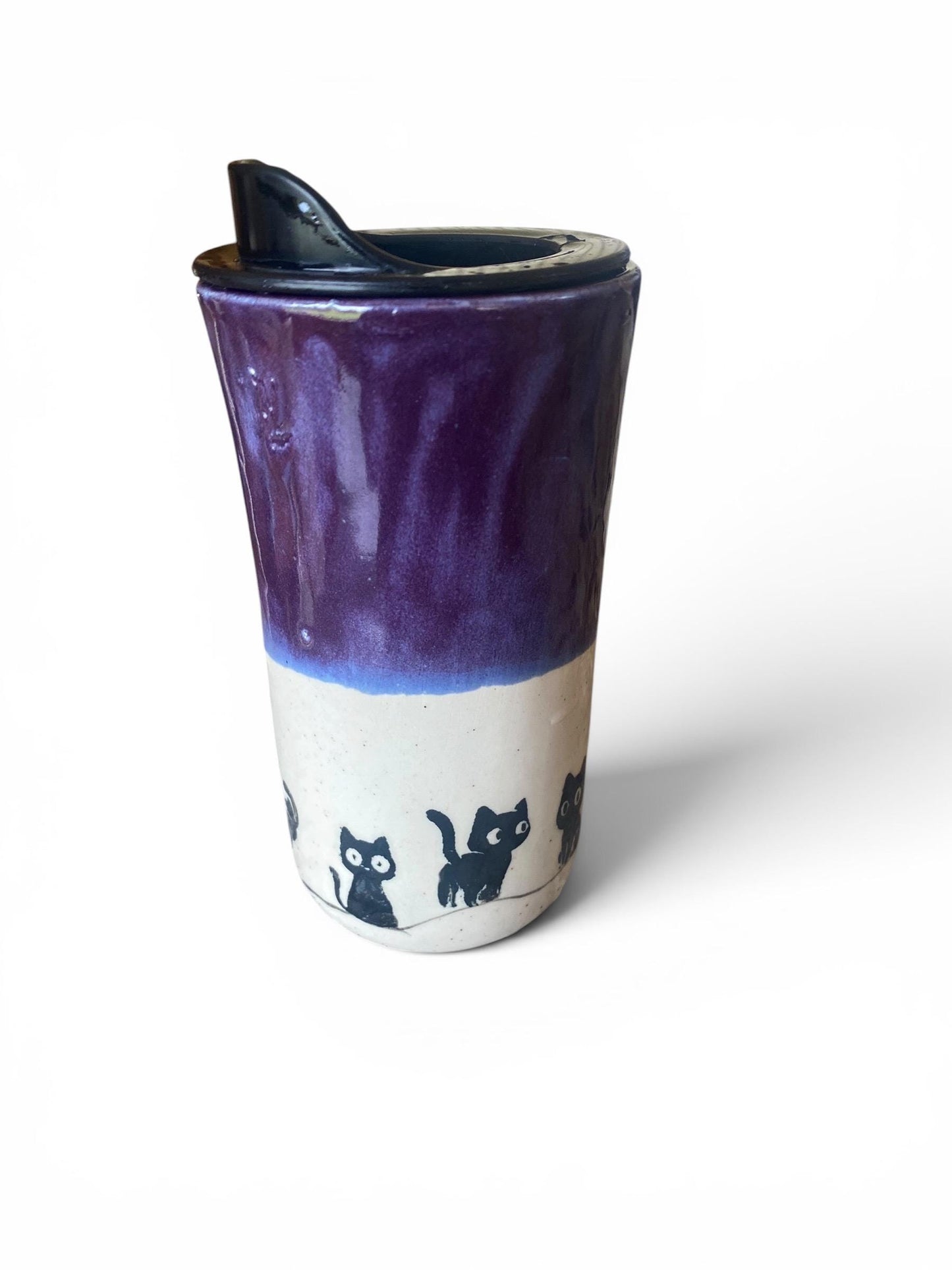Handmade Travel Mug With Playful Black Cats: Silk Screened Porcelain Coffee Cup