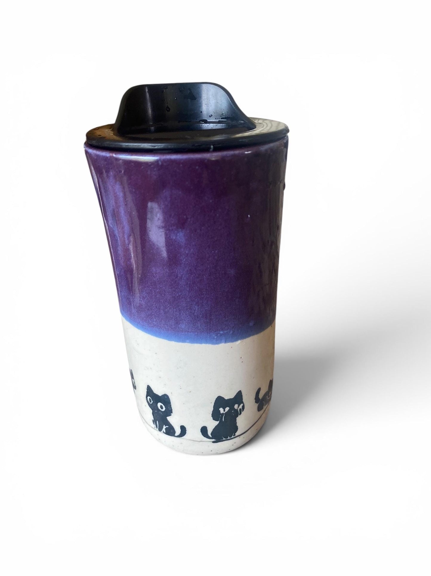 Handmade Travel Mug With Playful Black Cats: Silk Screened Porcelain Coffee Cup