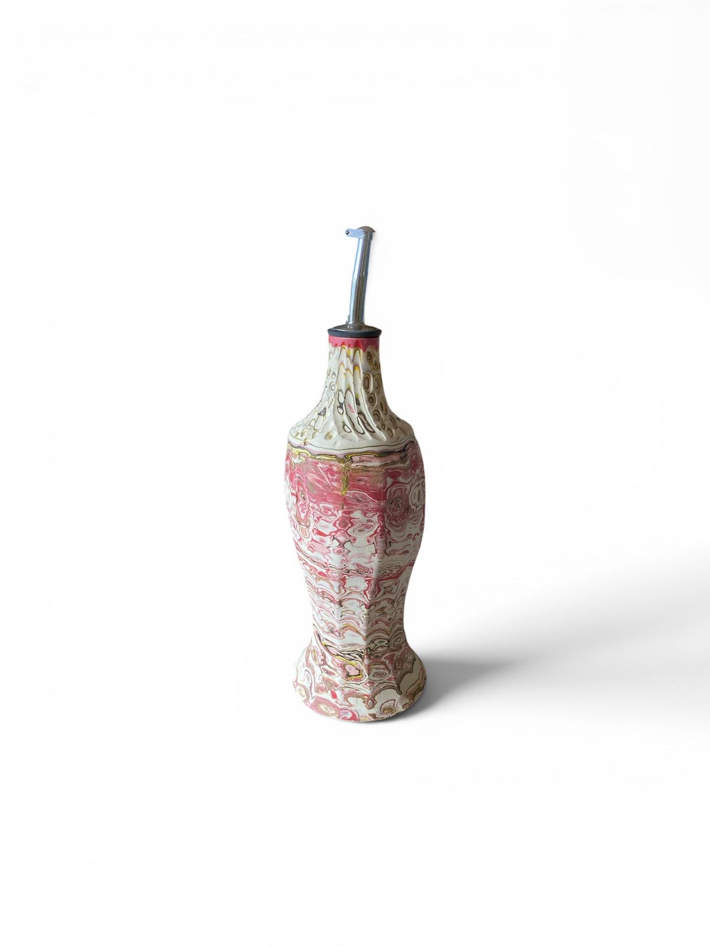 Artisanal 22 Ounce Neriage Porcelain Oil Dispenser - Hand-Carved Swirled Clay Kitchen Pottery (D-16)