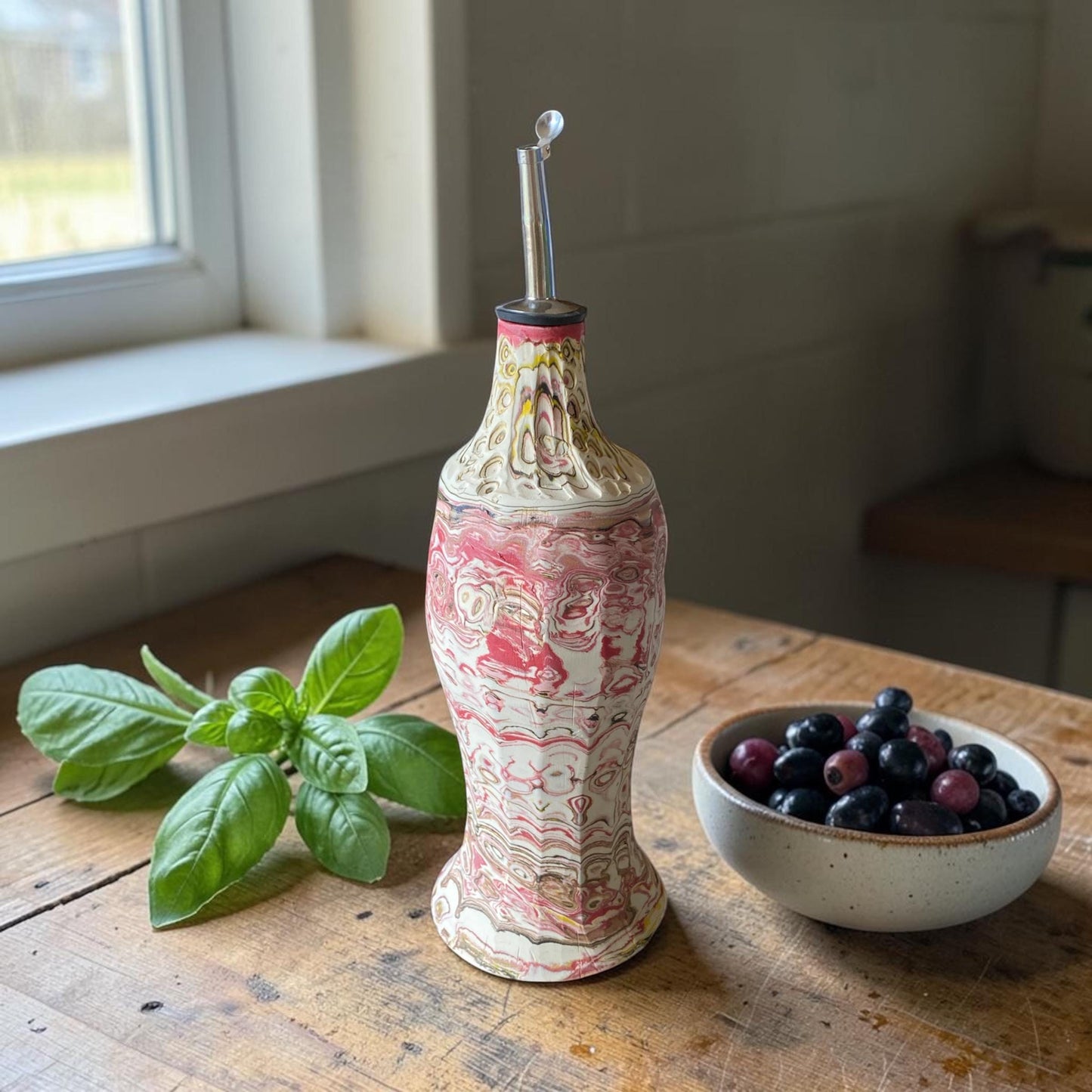 Artisanal 22 Ounce Neriage Porcelain Oil Dispenser - Hand-Carved Swirled Clay Kitchen Pottery (D-16)