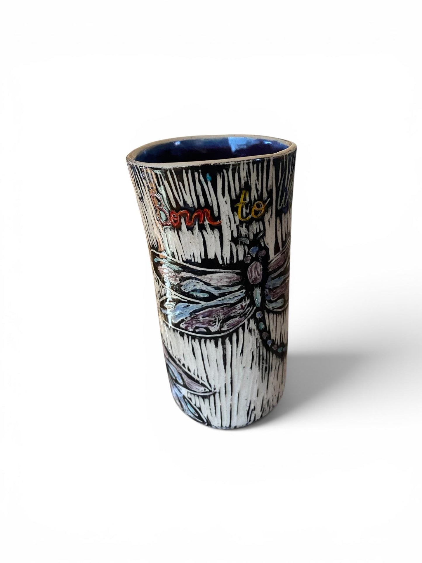 Born to Wander Sgraffito Dragonfly Stoneware Mug 16 Ounce Handmade Pottery Coffee Cup