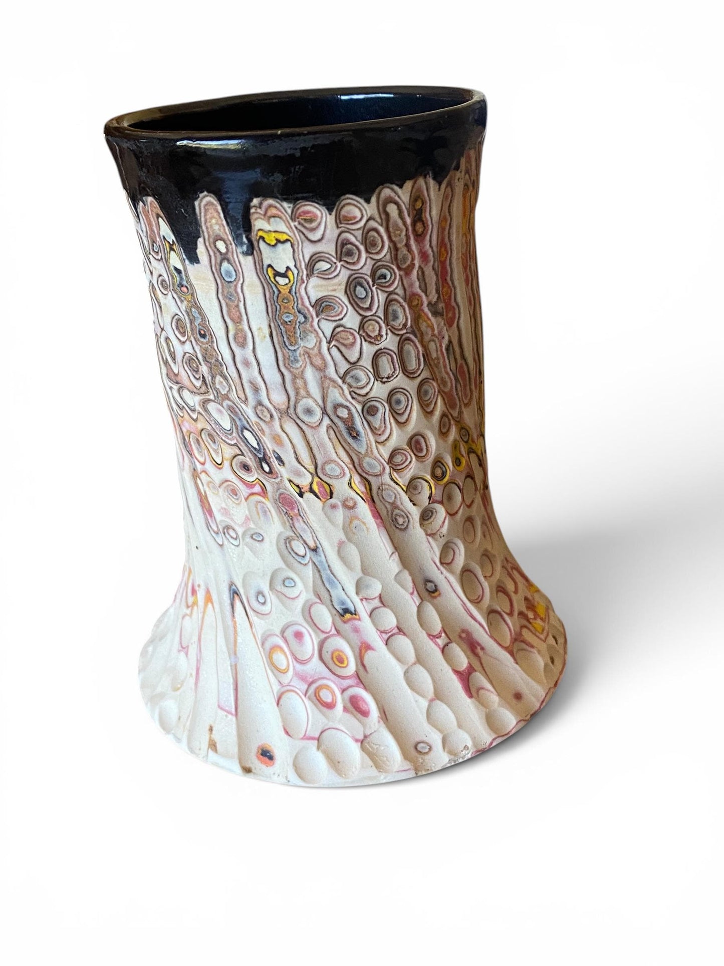Artisanal Fluted 18 Ounce Porcelain Mug: Neriage Swirled Clays, Hand-Carved Satin-Smooth Pottery (E-1)