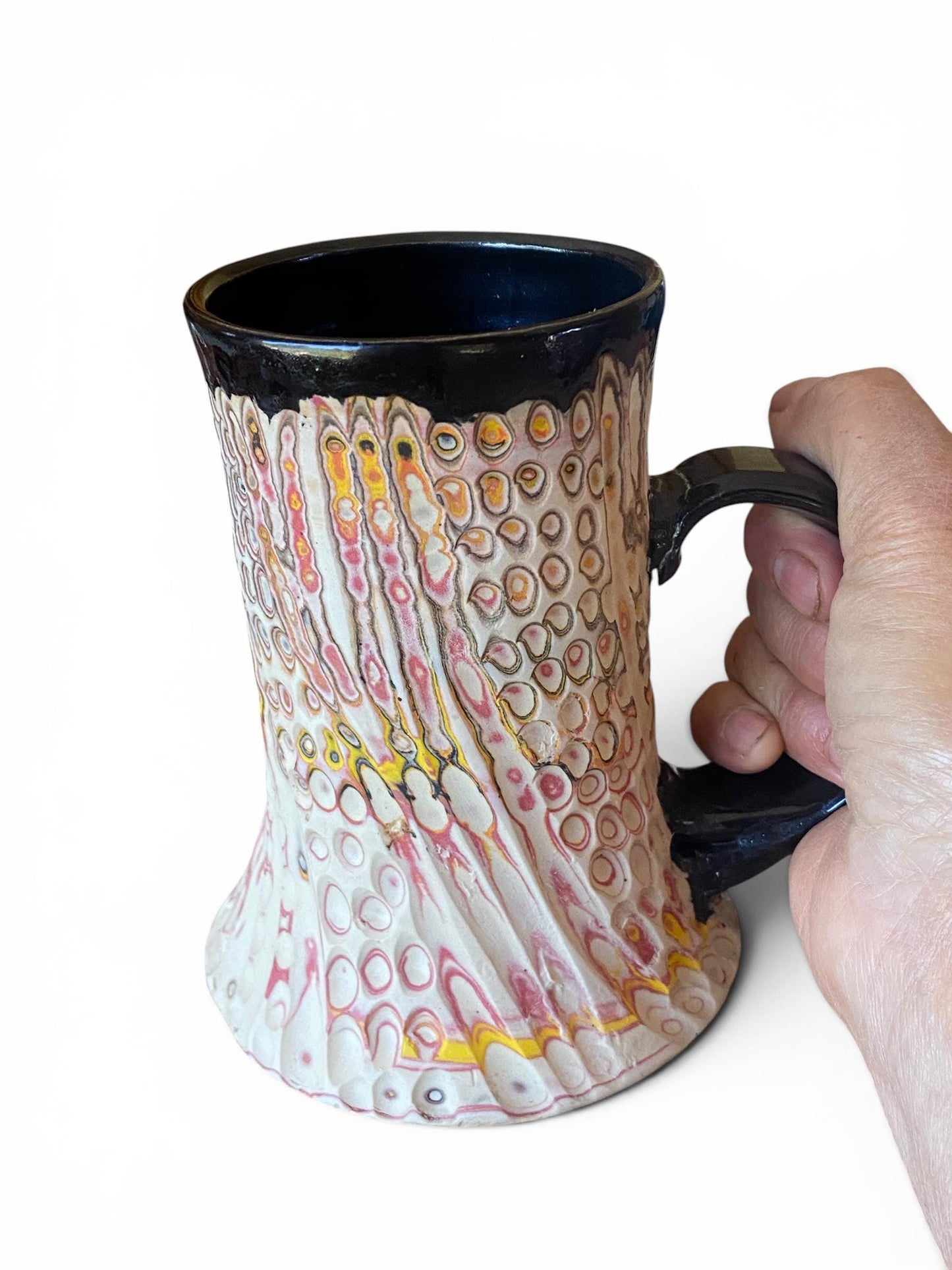 Artisanal Fluted 18 Ounce Porcelain Mug: Neriage Swirled Clays, Hand-Carved Satin-Smooth Pottery (E-1)