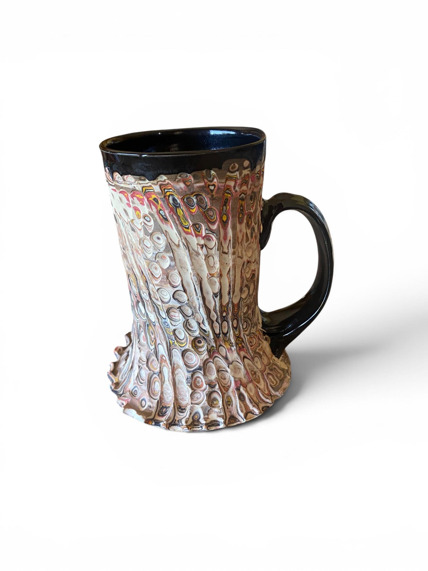 Artisanal Fluted 16 Ounce Porcelain Mug: Neriage Swirled Clays, Hand-Carved Satin-Smooth Pottery (E-2)