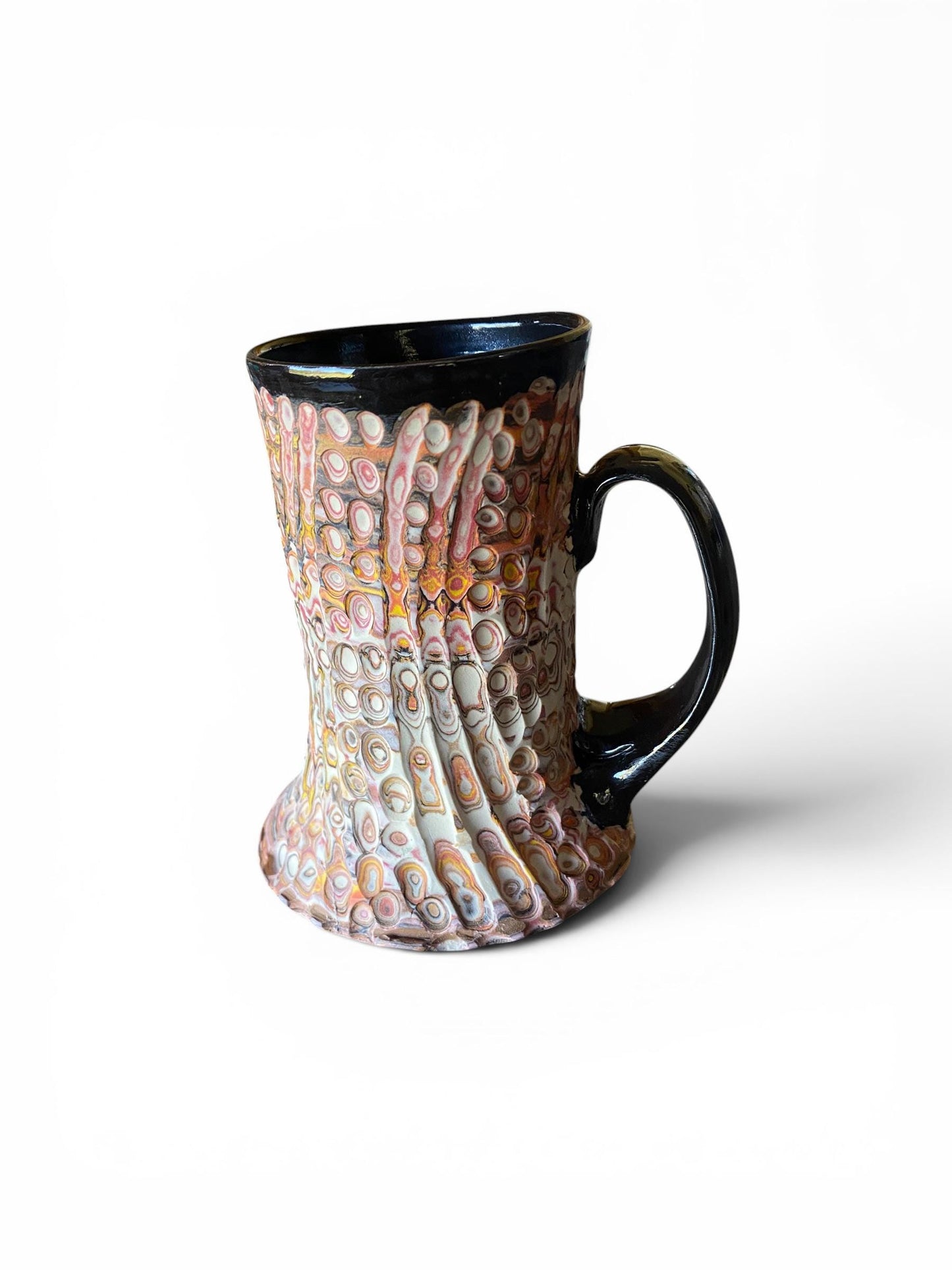 Artisanal Fluted 18 Ounce Porcelain Mug: Neriage Swirled Clays, Hand-Carved Satin-Smooth Pottery (E-4)