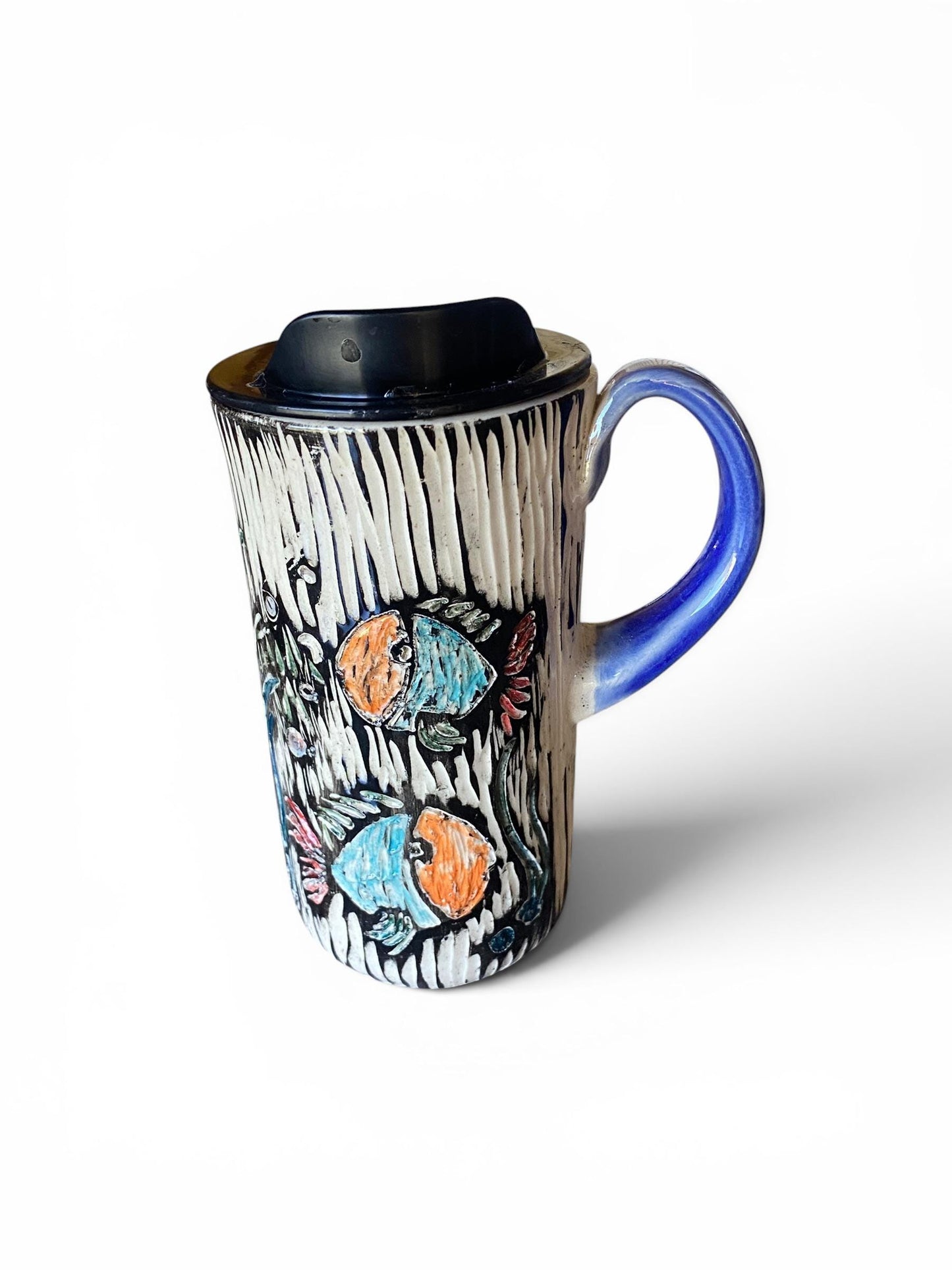 Handmade Travel Mug With Playful Fish: Sgraffito'd Porcelain Coffee Cup