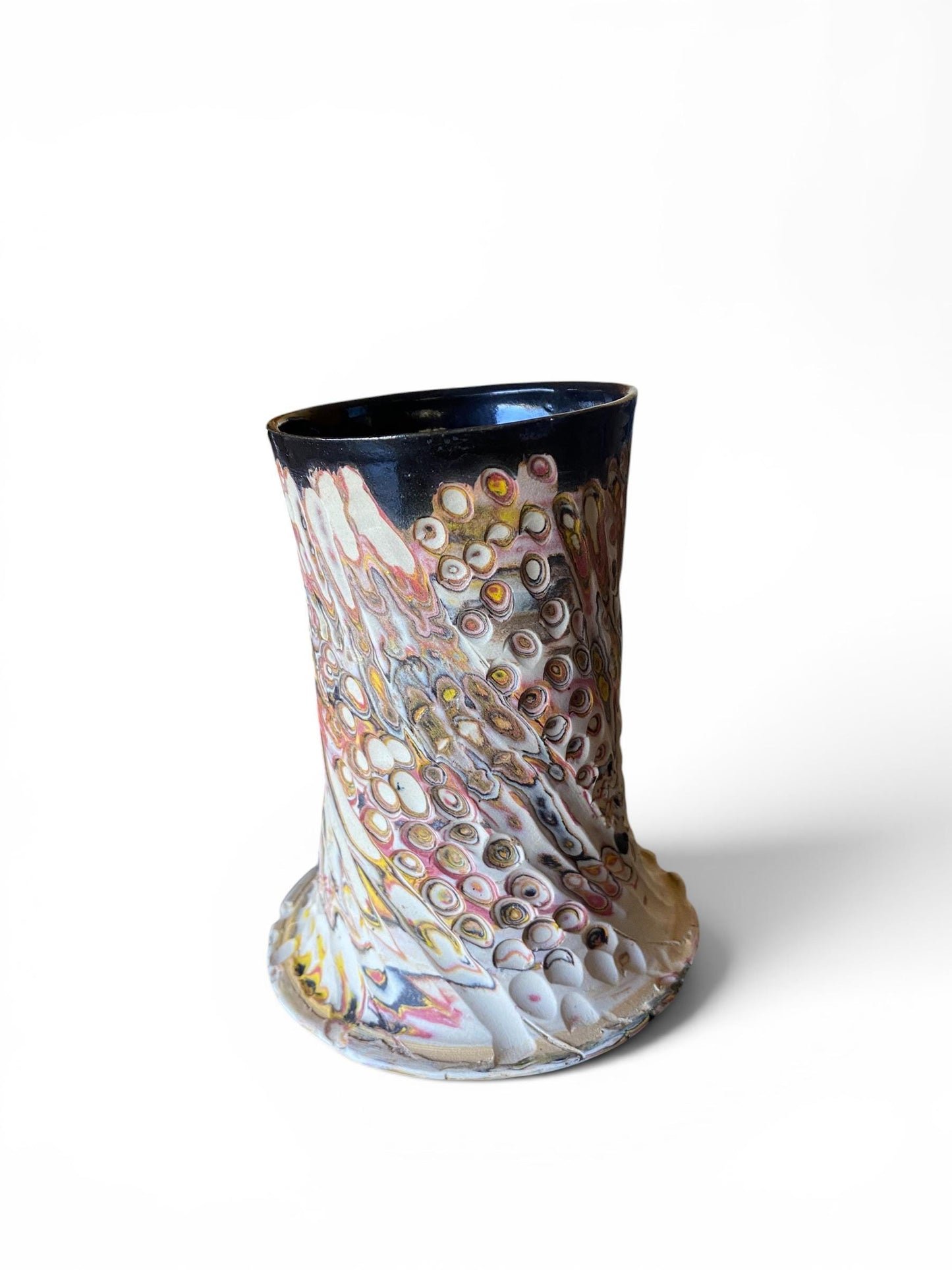 Artisanal Fluted 16 Ounce Porcelain Mug: Neriage Swirled Clays, Hand-Carved Satin-Smooth Pottery (E-5)