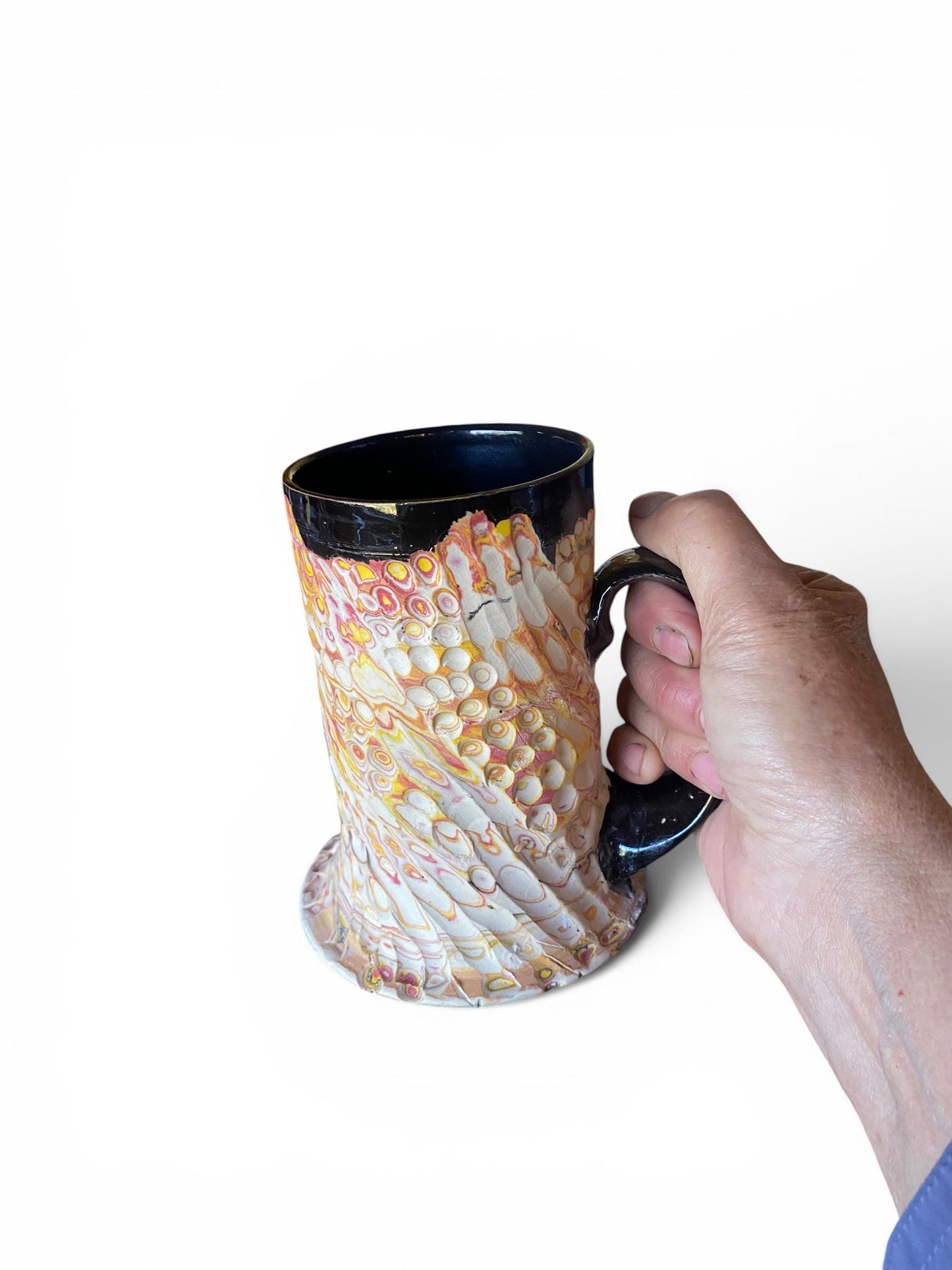 Artisanal Fluted 16 Ounce Porcelain Mug: Neriage Swirled Clays, Hand-Carved Satin-Smooth Pottery (E-7)