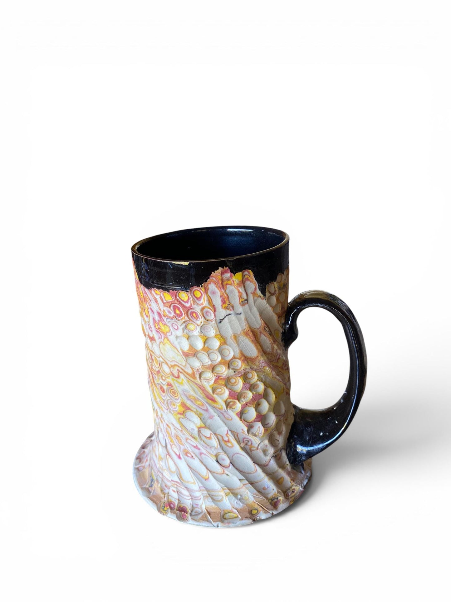 Artisanal Fluted 16 Ounce Porcelain Mug: Neriage Swirled Clays, Hand-Carved Satin-Smooth Pottery (E-7)