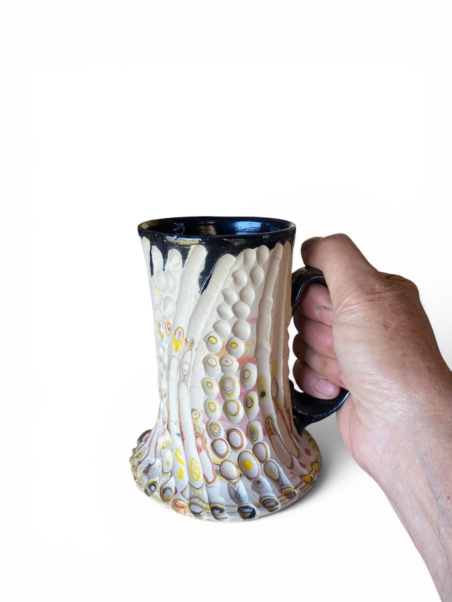 Artisanal Fluted 16 Ounce Porcelain Mug: Neriage Swirled Clays, Hand-Carved Satin-Smooth Pottery (E-6)