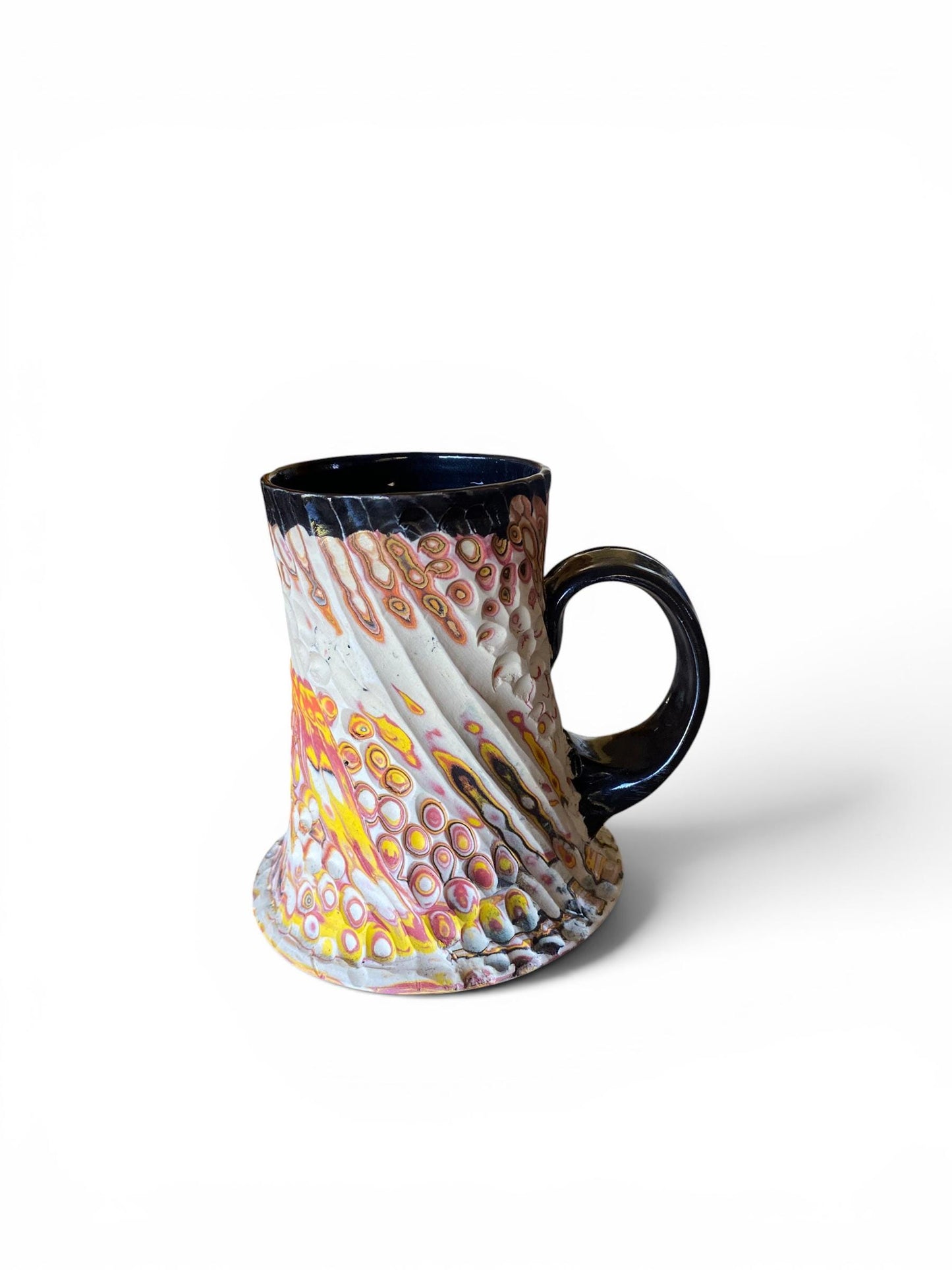 Artisanal Fluted 14 Ounce Porcelain Mug: Neriage Swirled Clays, Hand-Carved Satin-Smooth Pottery (E-8)