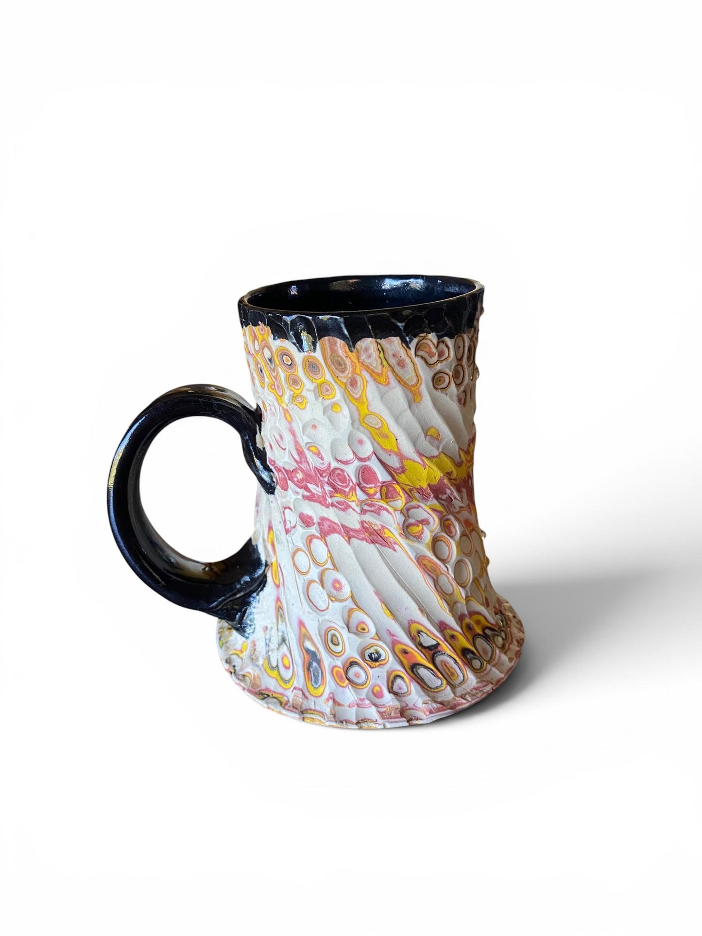 Artisanal Fluted 14 Ounce Porcelain Mug: Neriage Swirled Clays, Hand-Carved Satin-Smooth Pottery (E-8)