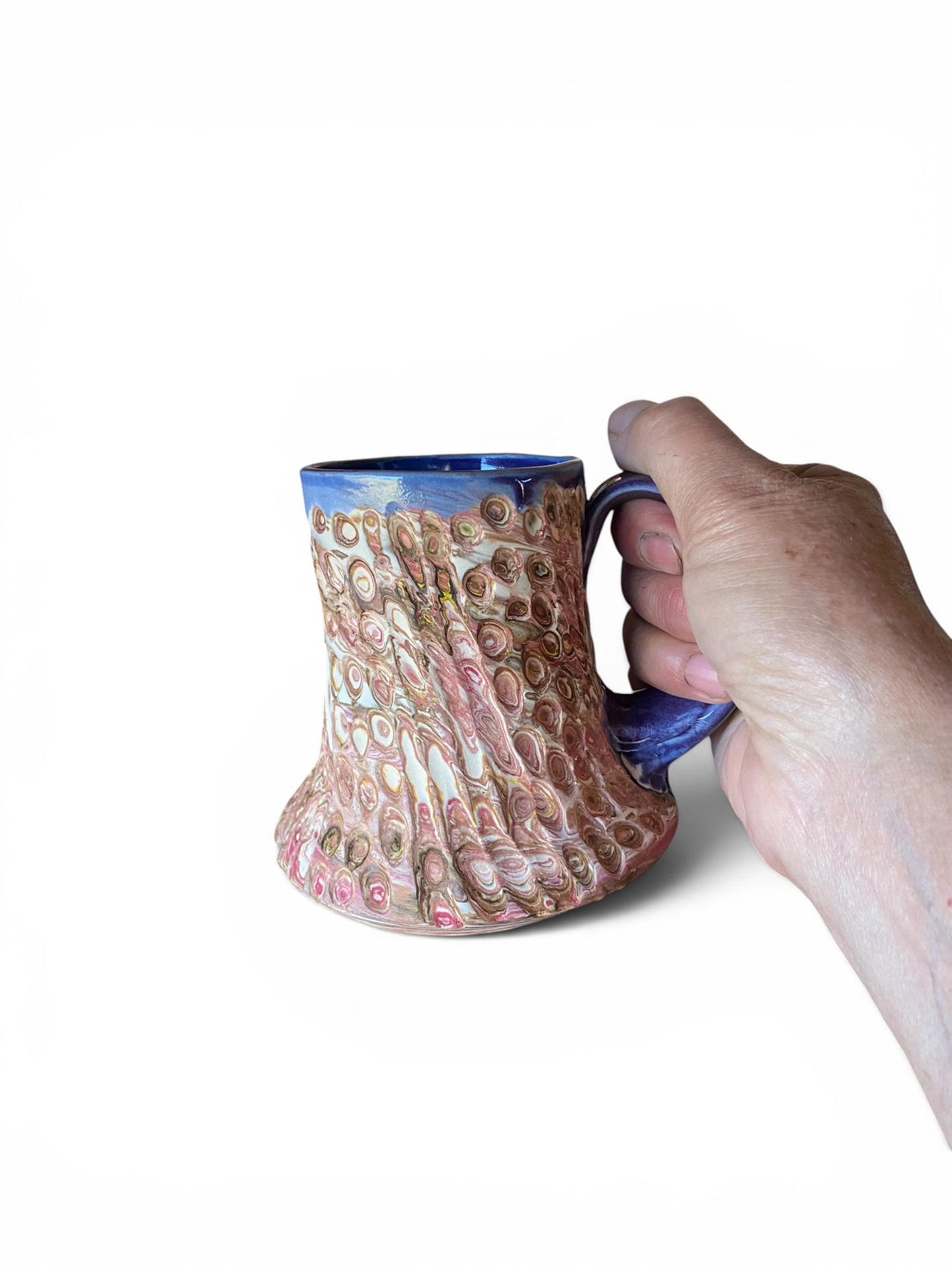 Artisanal Fluted 14 Ounce Porcelain Mug: Neriage Swirled Clays, Hand-Carved Satin-Smooth Pottery (E-9)