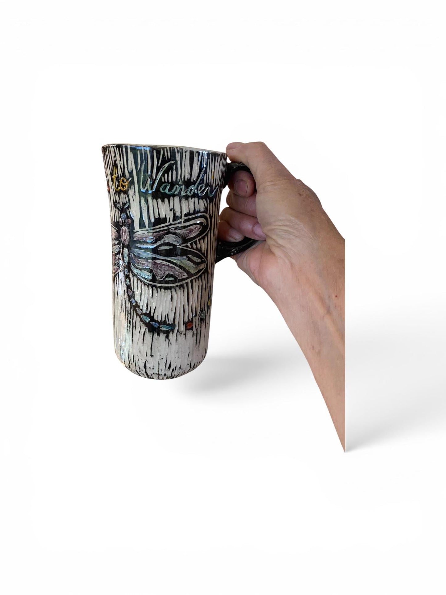 Born to Wander Sgraffito Dragonfly Stoneware Mug 16 Ounce Handmade Pottery Coffee Cup