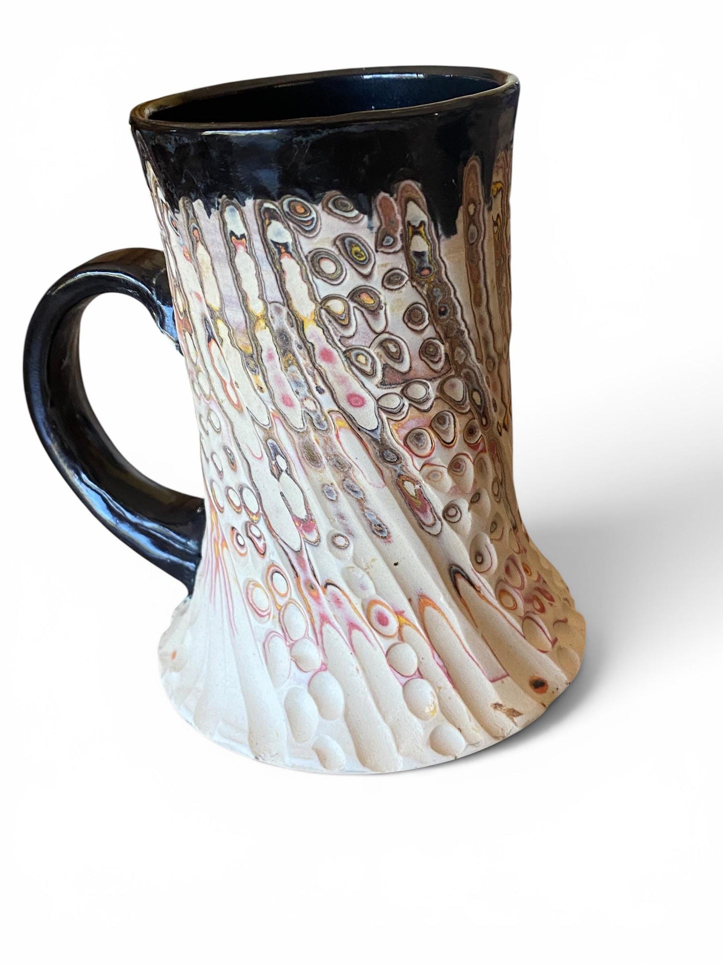 Artisanal Fluted 18 Ounce Porcelain Mug: Neriage Swirled Clays, Hand-Carved Satin-Smooth Pottery (E-1)