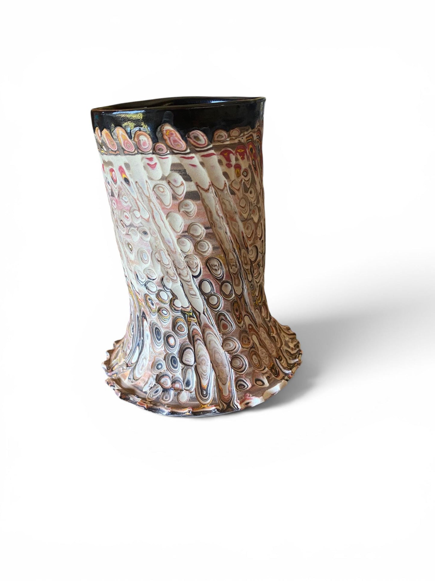 Artisanal Fluted 16 Ounce Porcelain Mug: Neriage Swirled Clays, Hand-Carved Satin-Smooth Pottery (E-2)