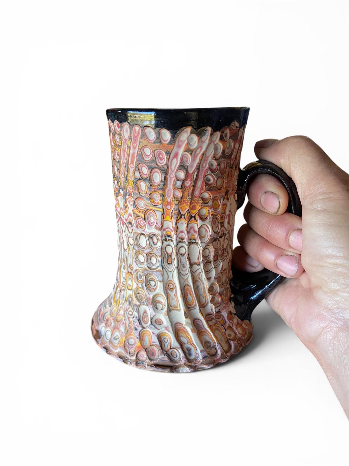 Artisanal Fluted 18 Ounce Porcelain Mug: Neriage Swirled Clays, Hand-Carved Satin-Smooth Pottery (E-4)