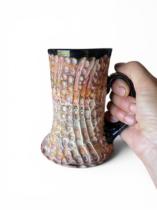 Artisanal Fluted 18 Ounce Porcelain Mug: Neriage Swirled Clays, Hand-Carved Satin-Smooth Pottery (E-4)