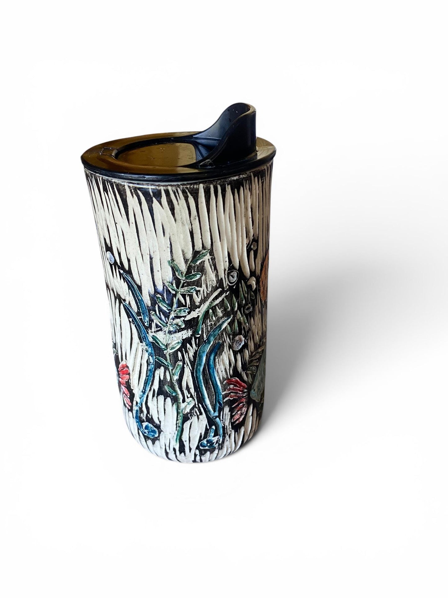 Handmade Travel Mug With Playful Fish: Sgraffito'd Porcelain Coffee Cup