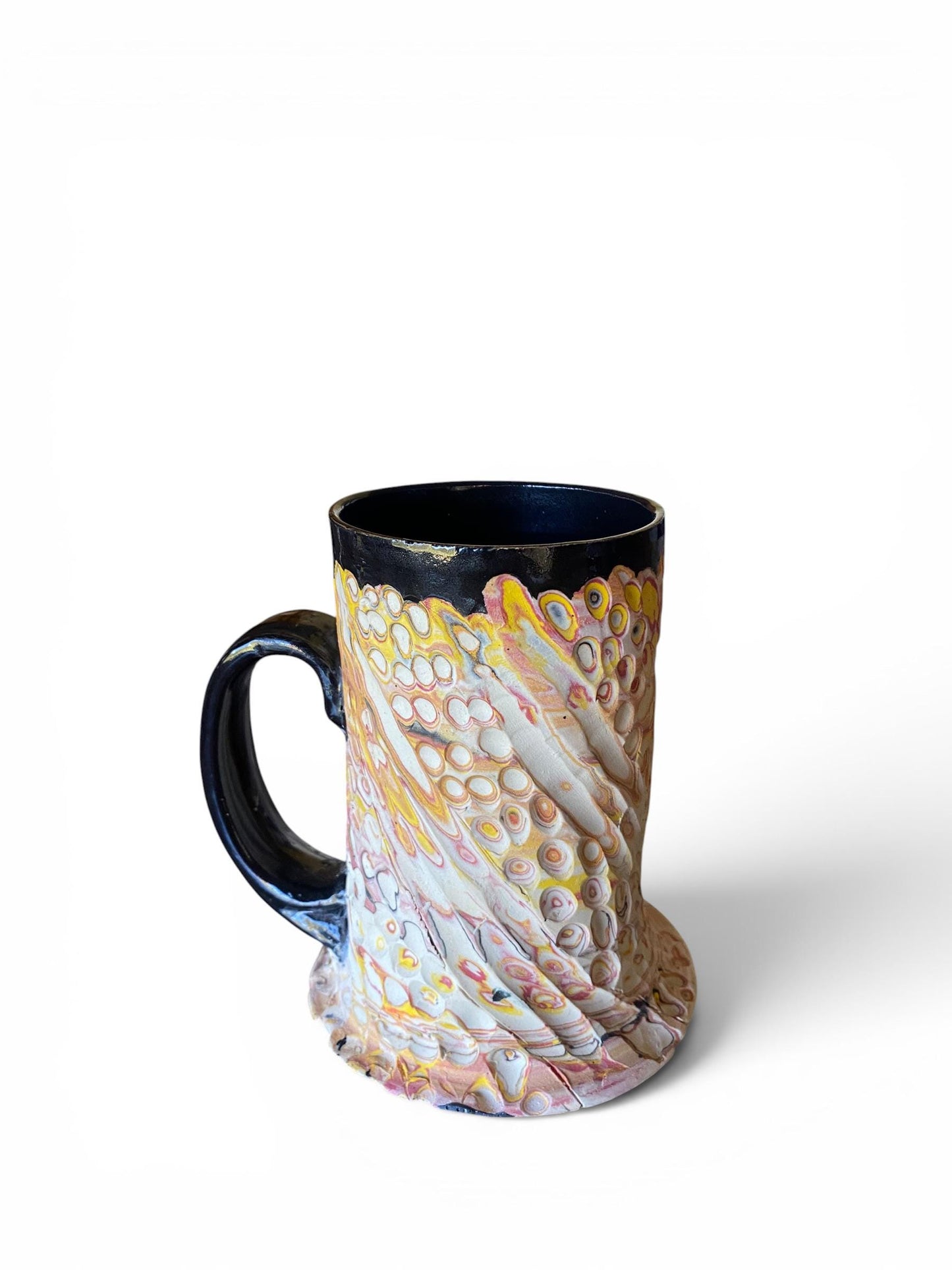 Artisanal Fluted 16 Ounce Porcelain Mug: Neriage Swirled Clays, Hand-Carved Satin-Smooth Pottery (E-7)