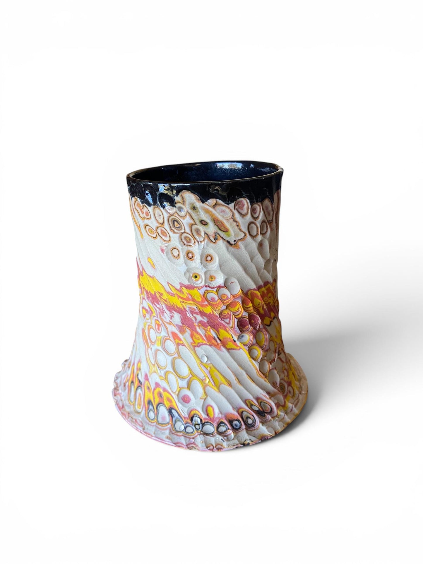 Artisanal Fluted 14 Ounce Porcelain Mug: Neriage Swirled Clays, Hand-Carved Satin-Smooth Pottery (E-8)