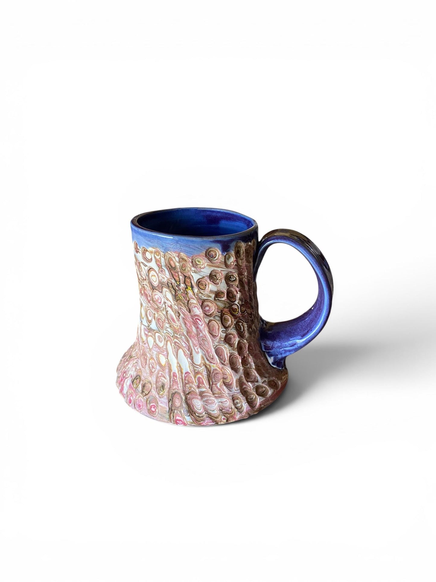 Artisanal Fluted 14 Ounce Porcelain Mug: Neriage Swirled Clays, Hand-Carved Satin-Smooth Pottery (E-9)