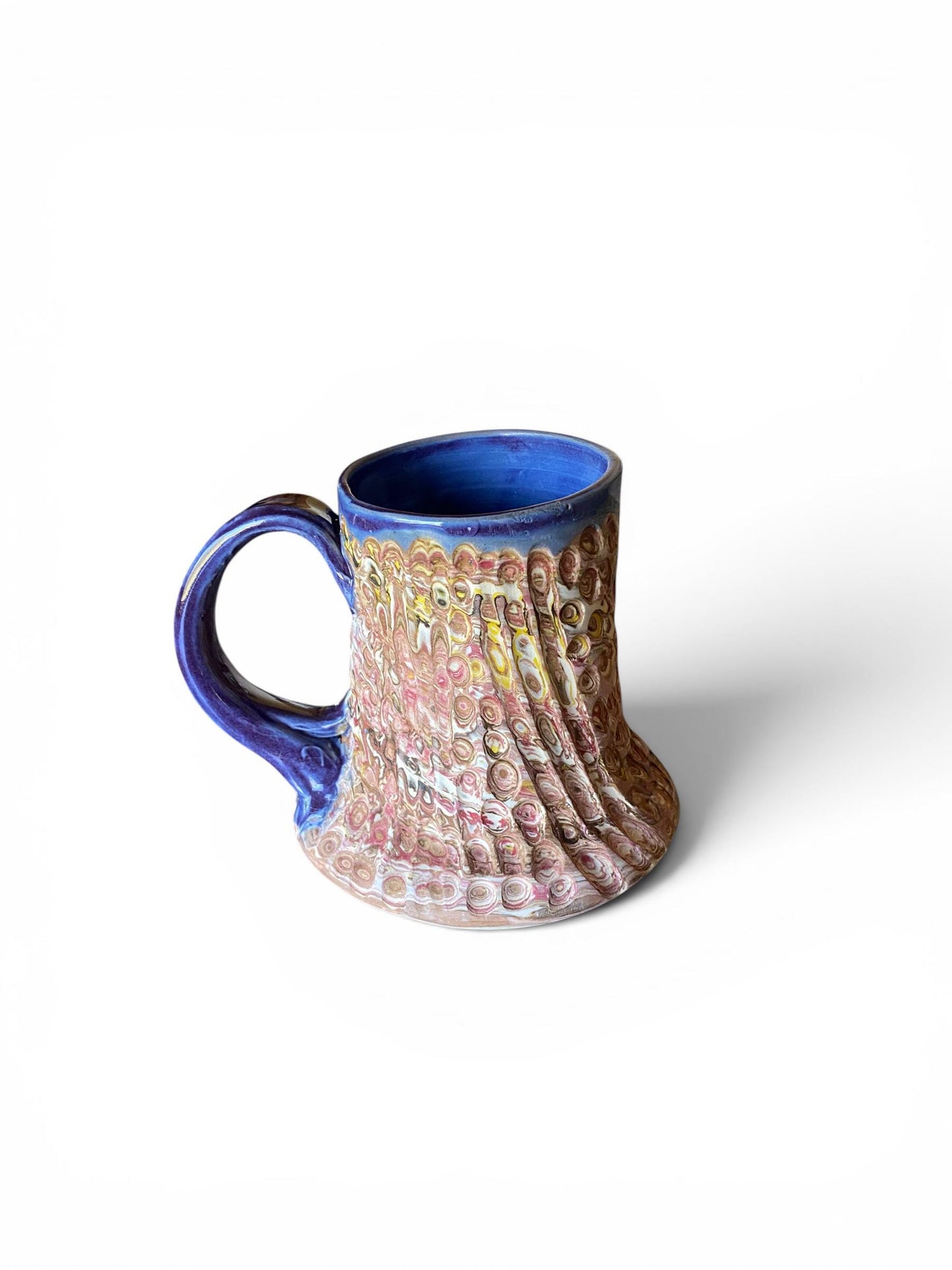 Artisanal Fluted 14 Ounce Porcelain Mug: Neriage Swirled Clays, Hand-Carved Satin-Smooth Pottery (E-9)