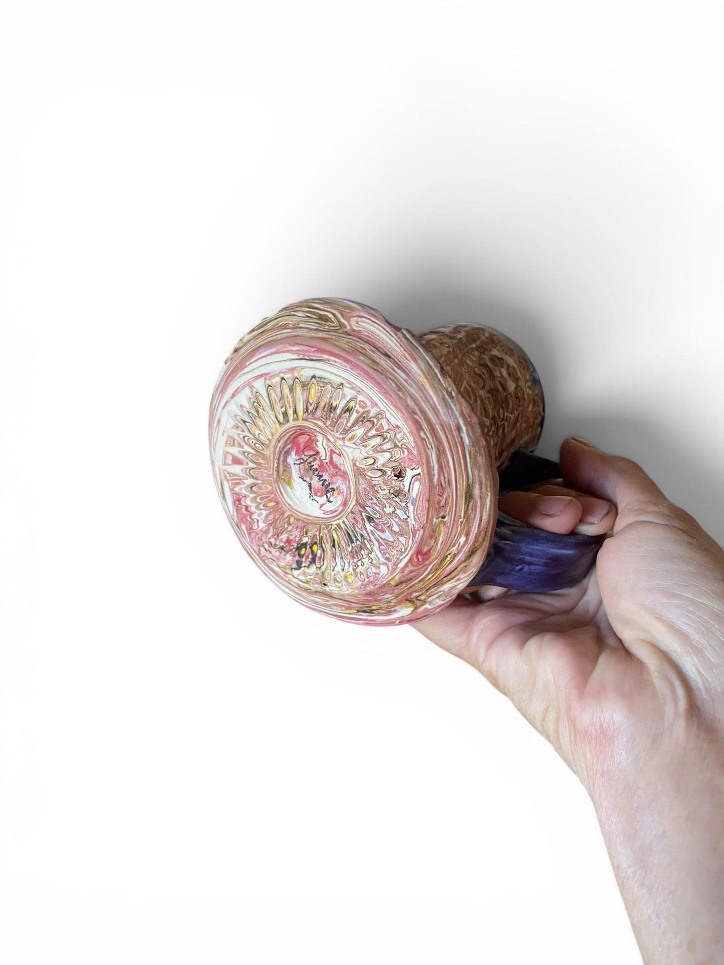 Artisanal Fluted 14 Ounce Porcelain Mug: Neriage Swirled Clays, Hand-Carved Satin-Smooth Pottery (E-9)