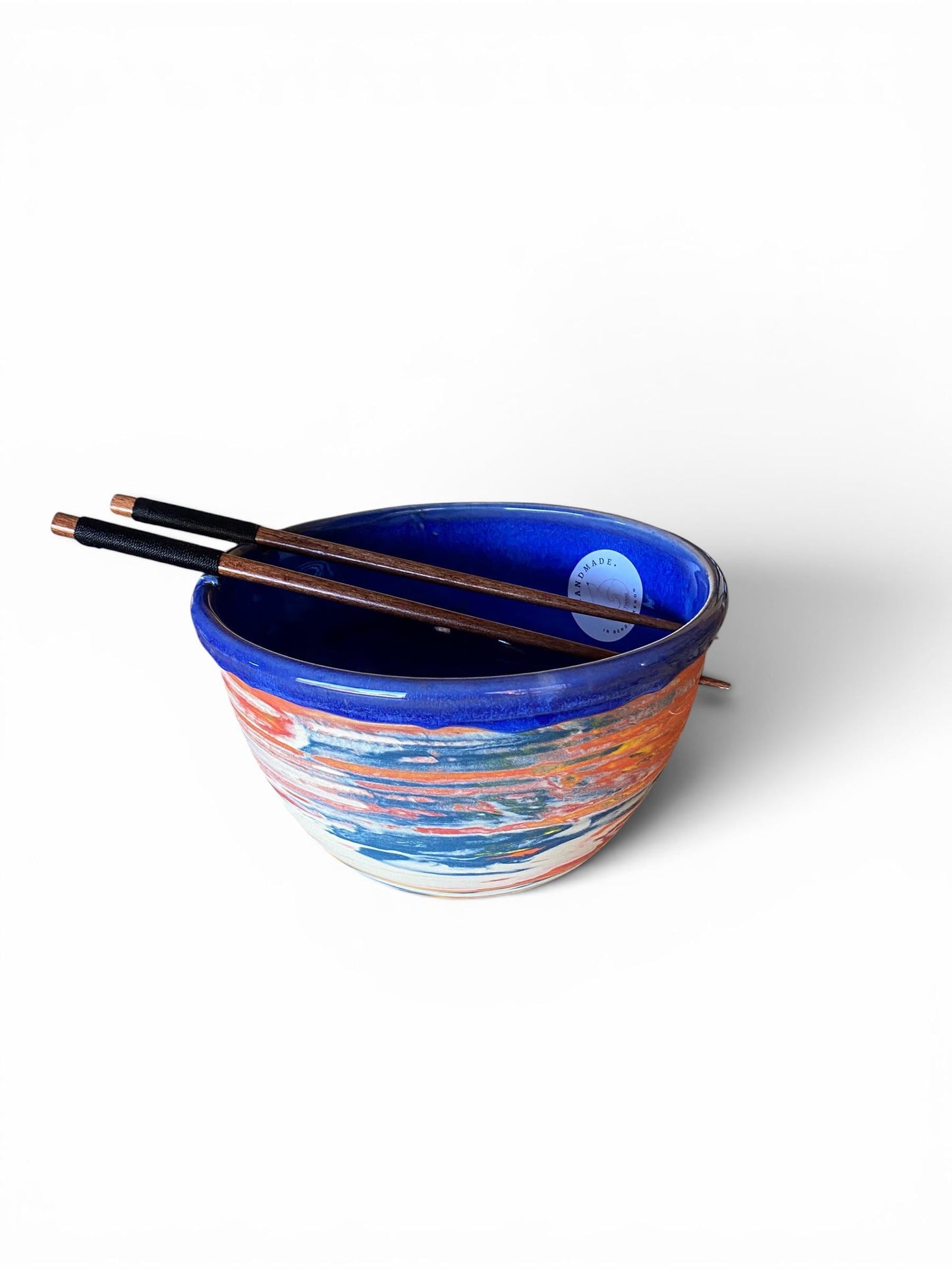 Handcrafted Large Neriage (layered clay) Noodle Bowl Set: Porcelain Noodle Dish with Chopsticks