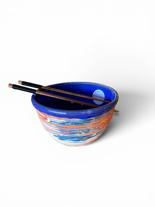 Handcrafted Large Neriage (layered clay) Noodle Bowl Set: Porcelain Noodle Dish with Chopsticks