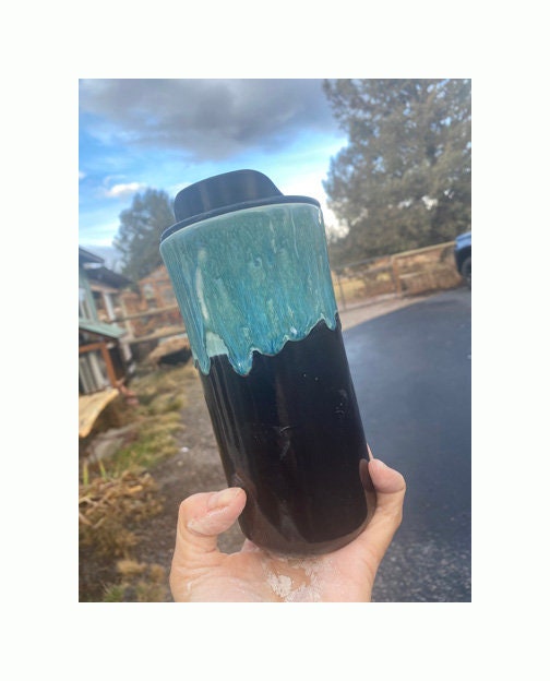 Handmade Waterfall Turquoise and Black - Travel Mug - Pottery Mug -  Coffee Mug
