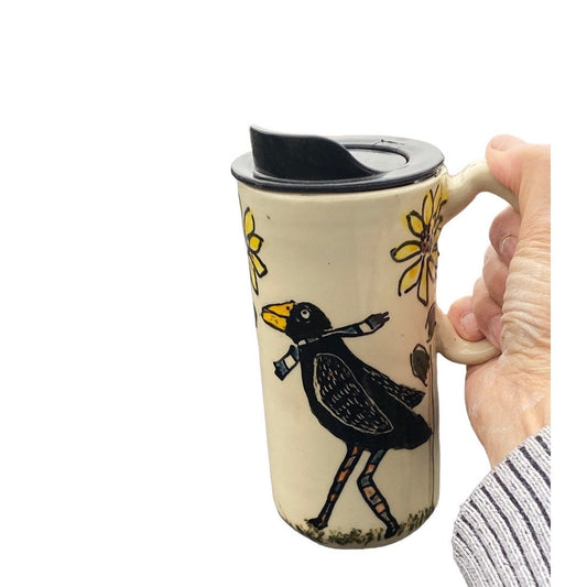 Handmade Hand PaintedTravel Mug-  The Crow Coffee Cup  - Travel Mug - Pottery Mug -  Coffee Mug