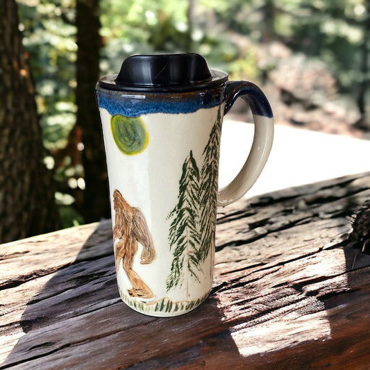 Handmade 16-Ounce Hand-Painted Bigfoot in the Forest Travel Mug - Unique Pottery Mug for Adventure-Seekers
