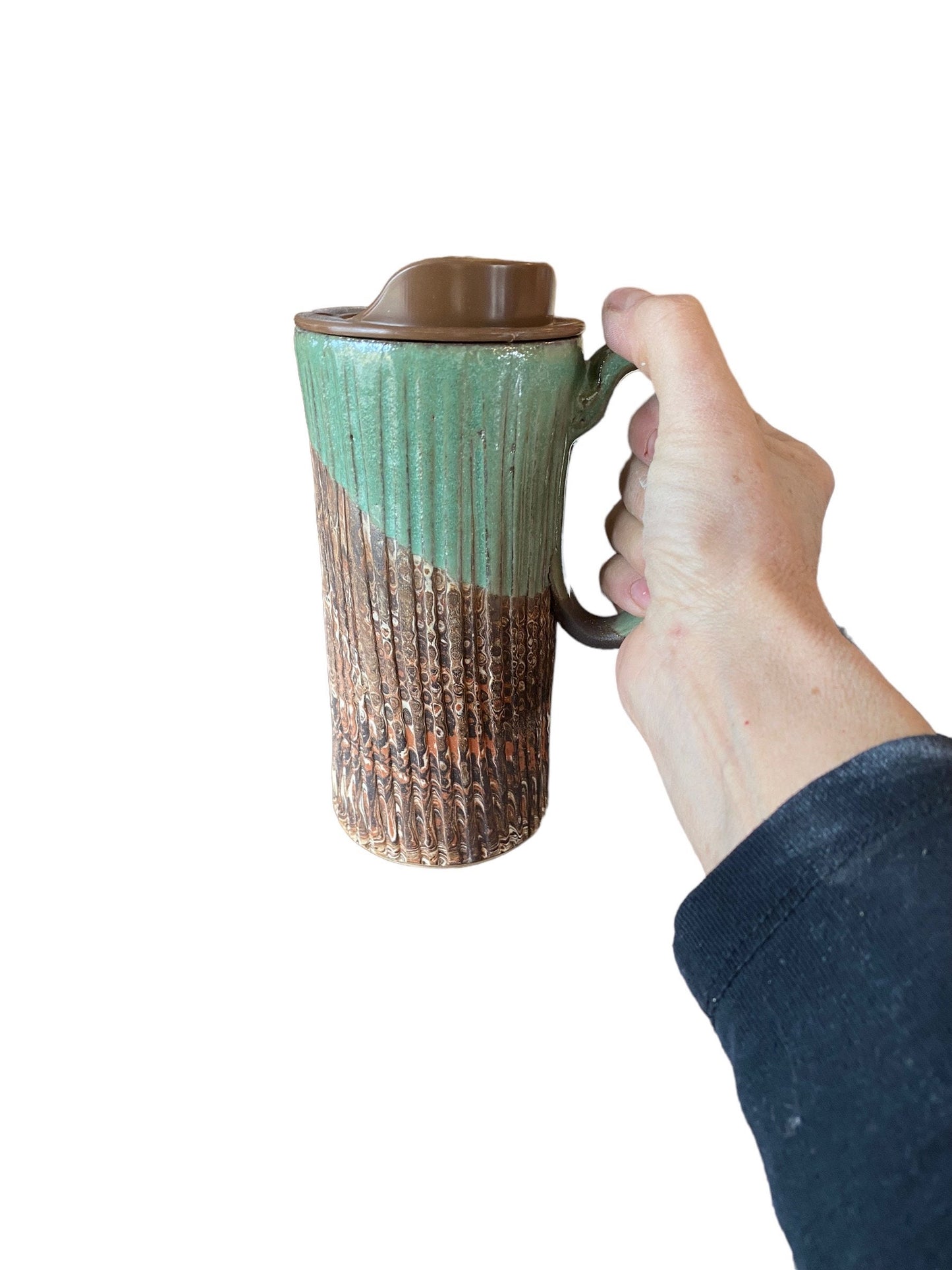 Pistachio Agateware Handmade Travel Mug With Lid - Travel Coffee Mug -  Travel Coffee Cup -  Pottery Mug - Commuter Pottery Mug