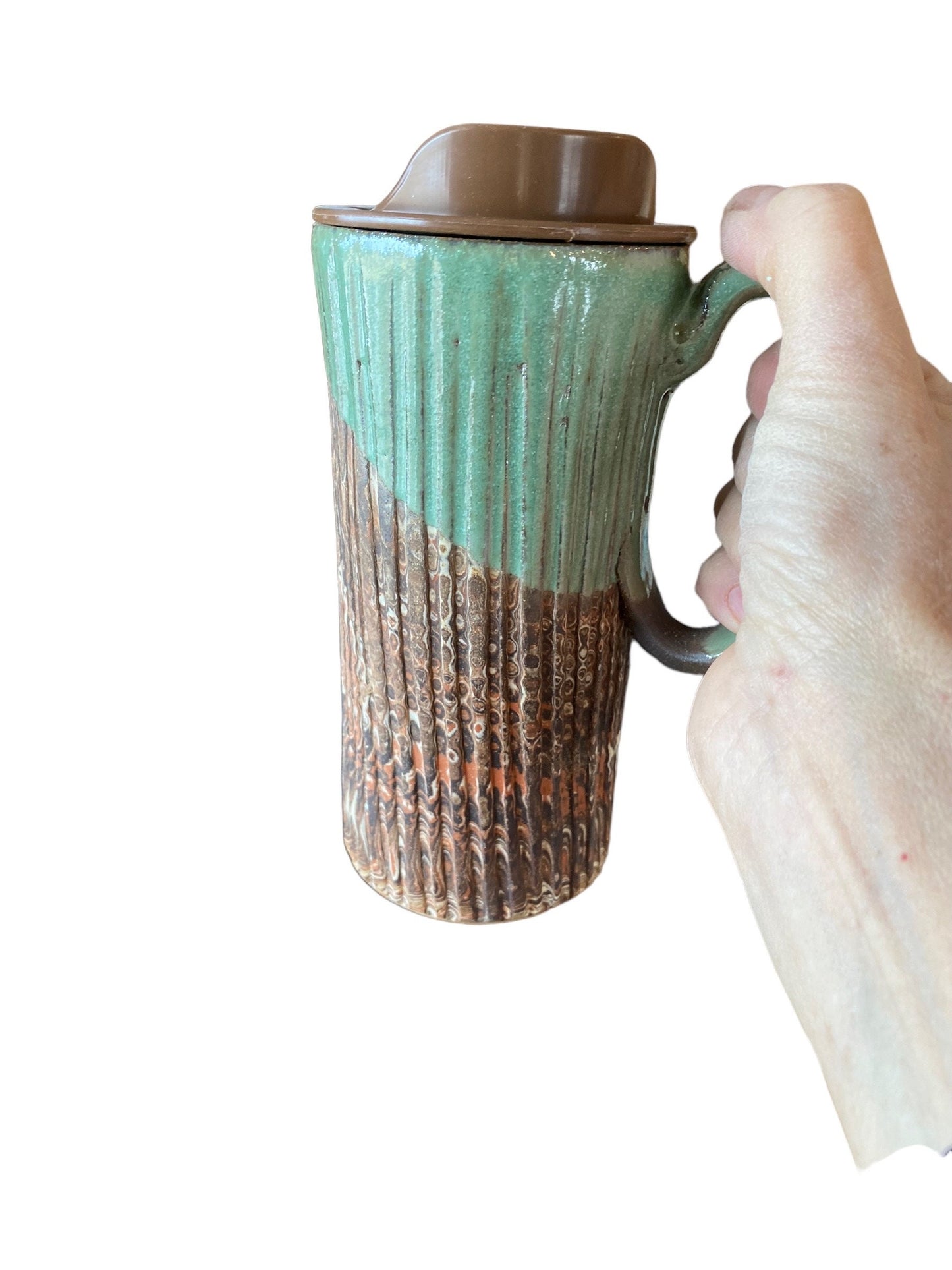 Pistachio Agateware Handmade Travel Mug With Lid - Travel Coffee Mug -  Travel Coffee Cup -  Pottery Mug - Commuter Pottery Mug